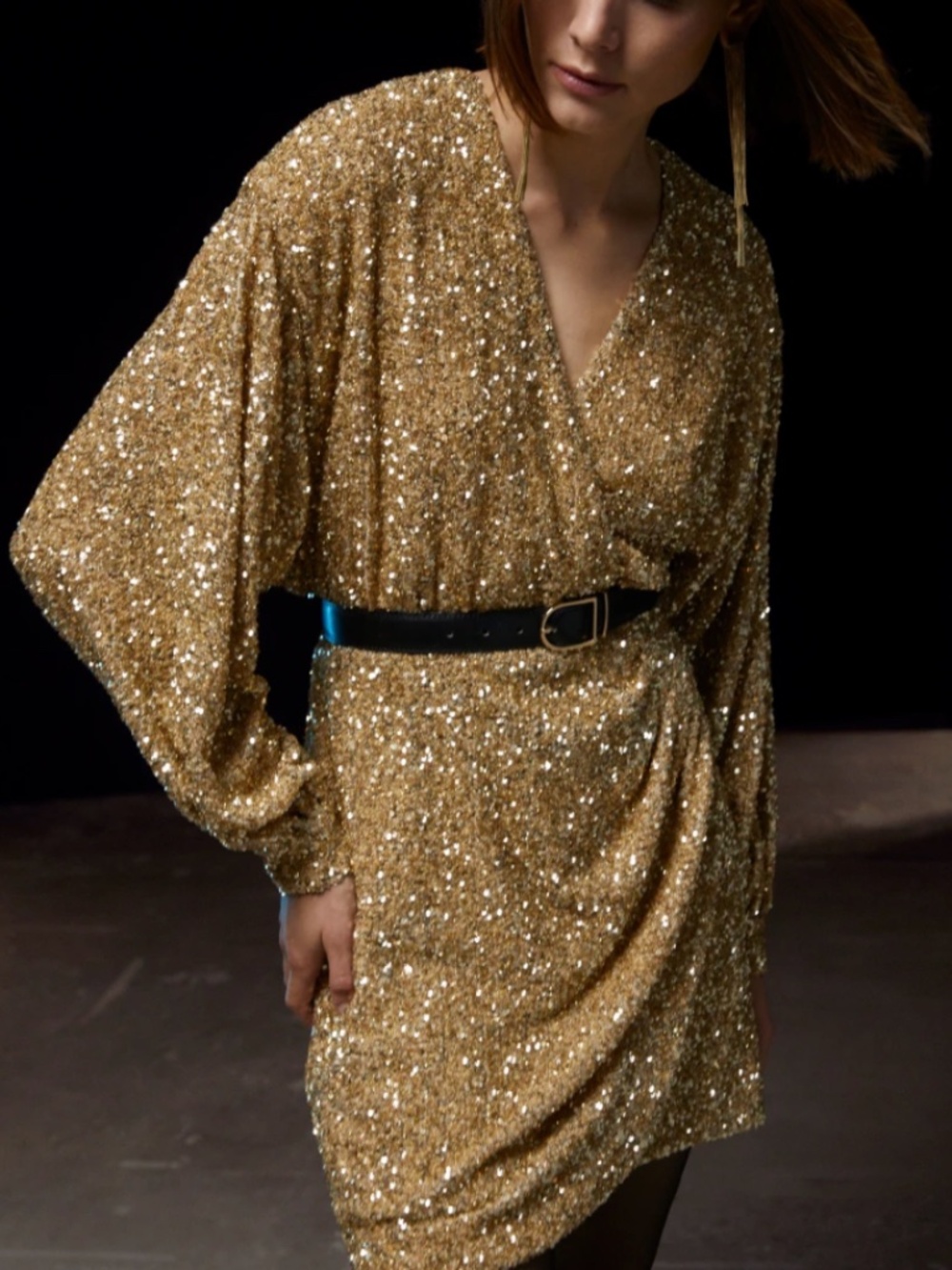 Women's Wrap Effect Sequin Mini Dress. Gold.